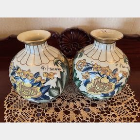 PAIR OF FLORAL DECORATED VASES (ONE HAS DAMAGE)