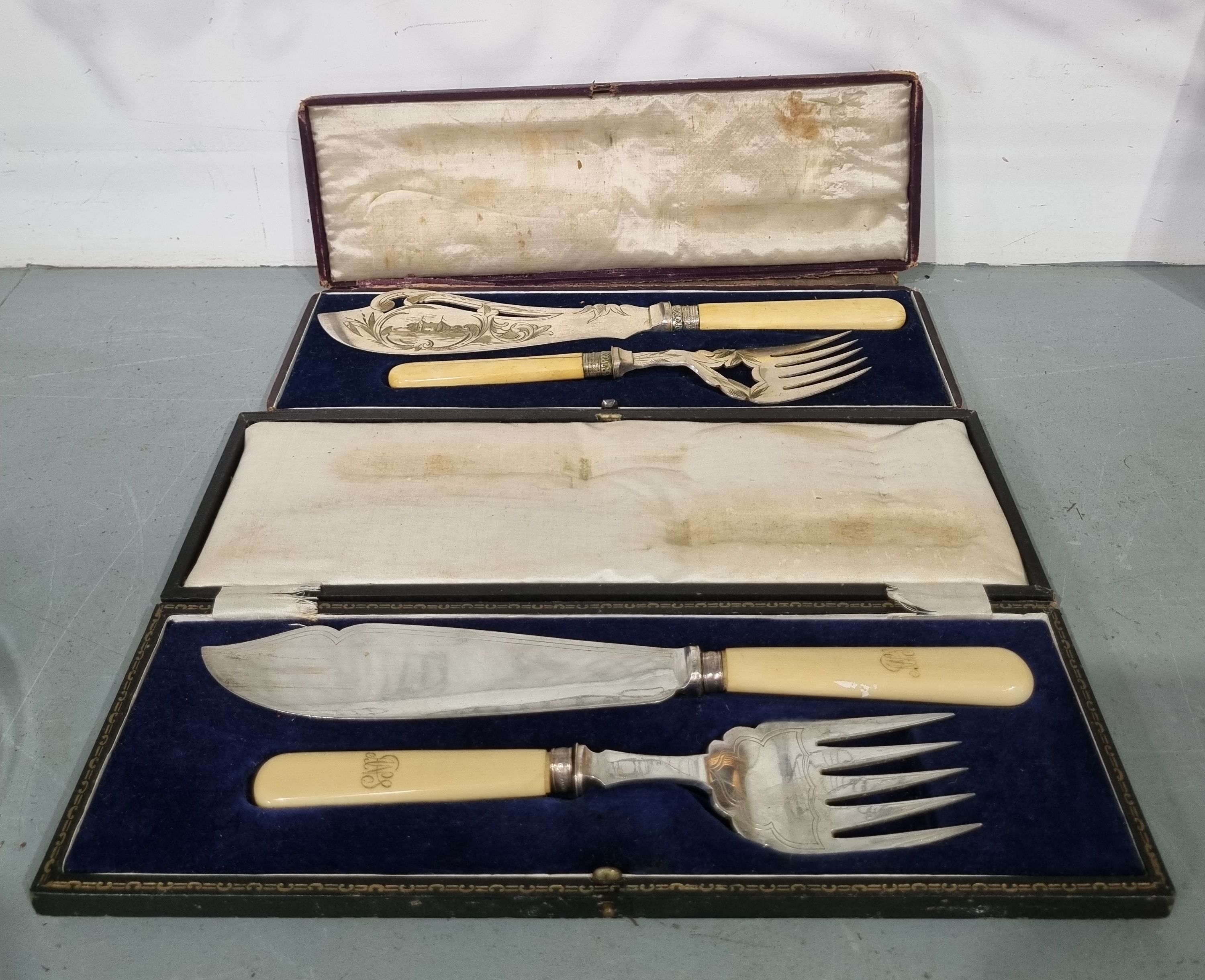 Two Pairs Of Cased Silver Plated Fish Servers