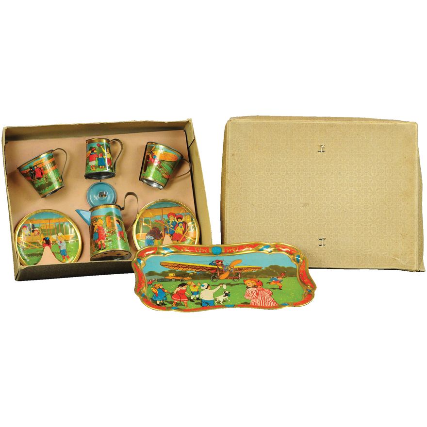 BOXED EARLY TIN AIRSHIP THEME TEA SET
