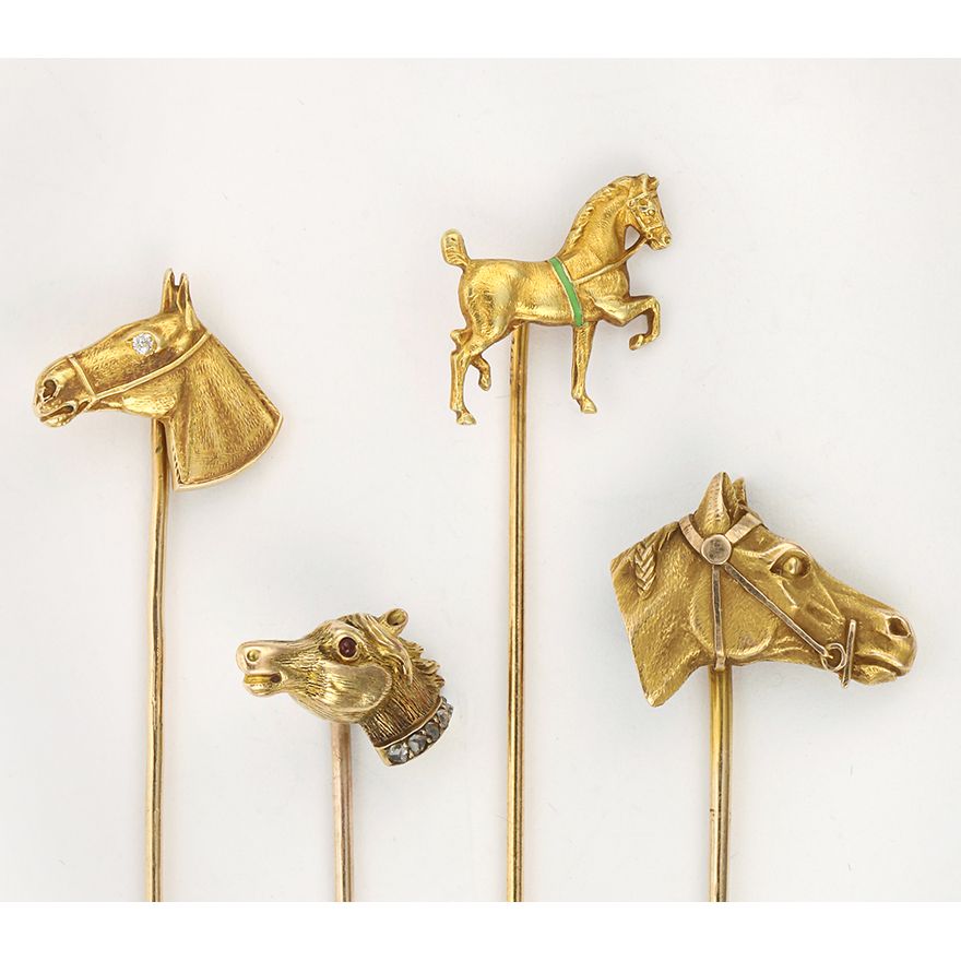 Diamond, enamel, glass and yellow gold horse stickpins