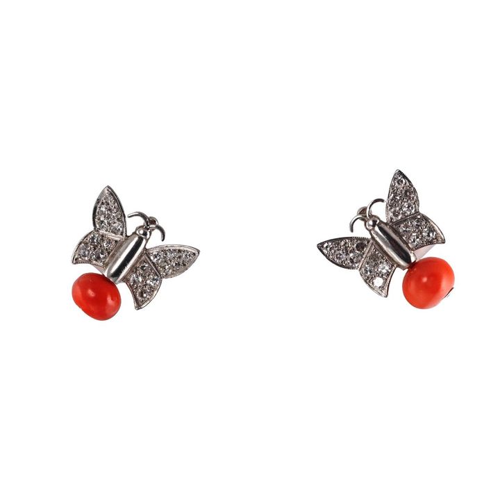 Platinum 18k Gold Diamond Coral Butterfly Earrings
