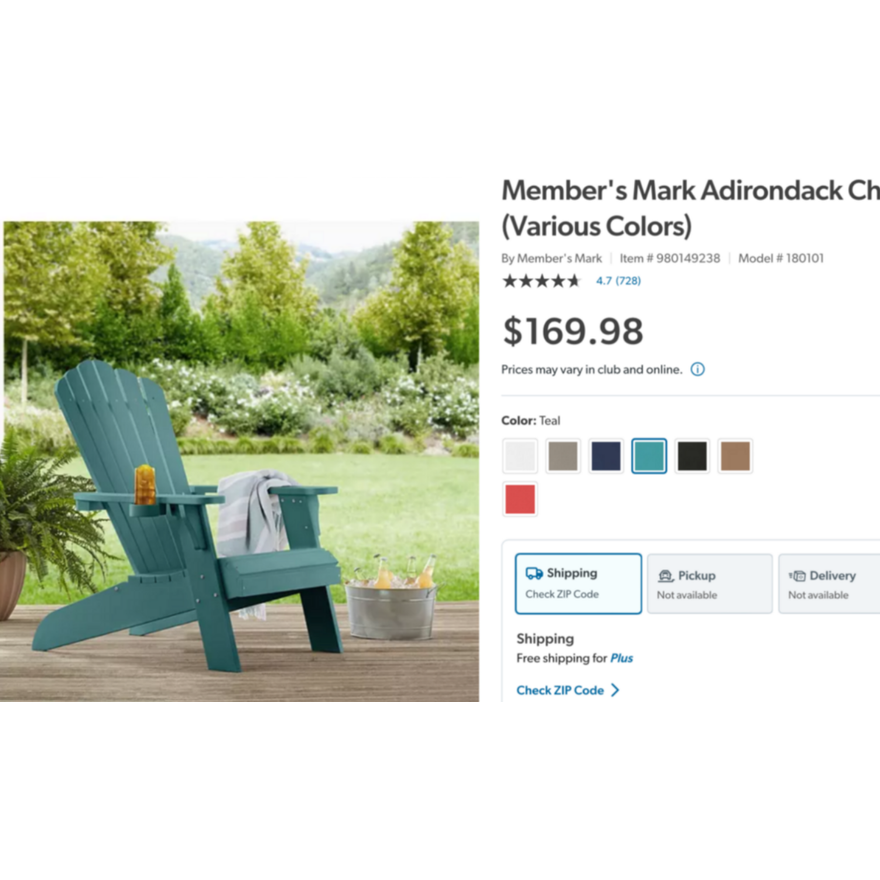 Member's Mark Sea Coast Living Adirondack Chair (Teal) 38"L x 30.25"W x 41.5"H