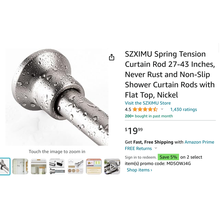 Szximu Spring Tension Curtain Rod 27"-43" Never Rust And Non-Slip Shower Rods w/ Flat Top (Nickel)