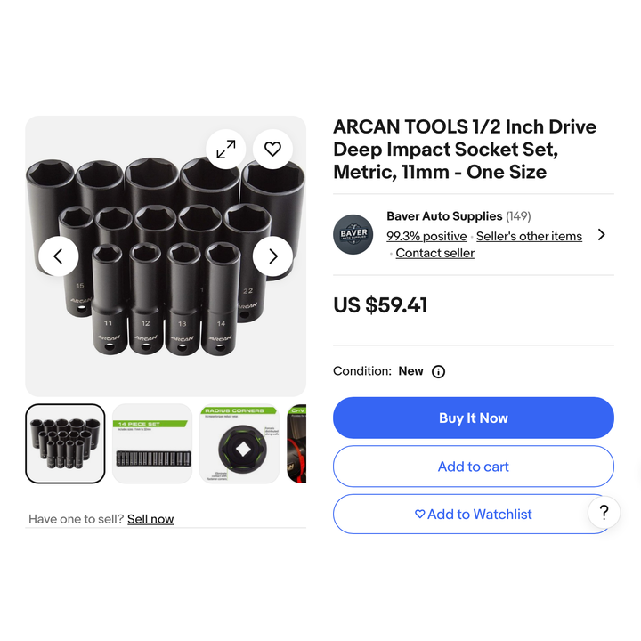 Arcan 14pc Metric 1/2" Drive Deep Impact Socket Set