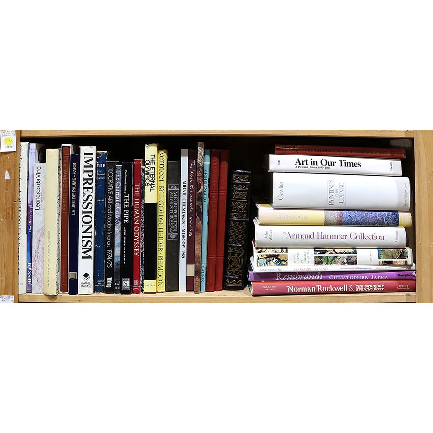 One shelf of associated art books including Vermeer, Modern Painting, Paintings In The Lourve, Decorative Art and Modern Interiors, etc