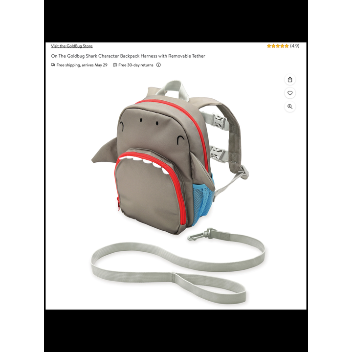 On The Goldbug Shark Character Backpack Harness w/ Removable Tether For Children
