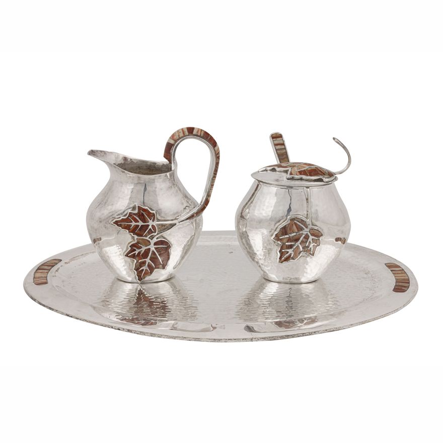 A Taxco Mexico Emilia Castillo jasper mounted and silver plated three-piece set from the Maple Leaf collection