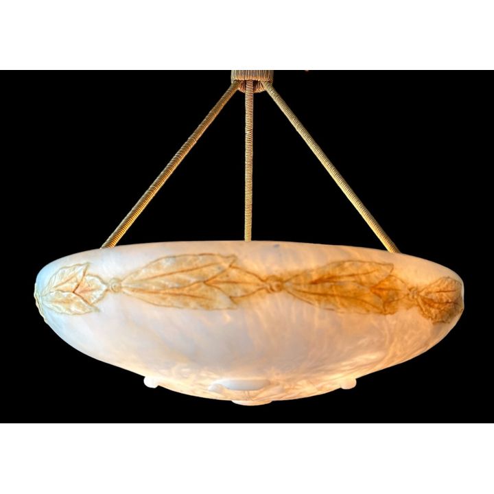 Carved White Alabaster Plafonnier Hanging Light Fixture