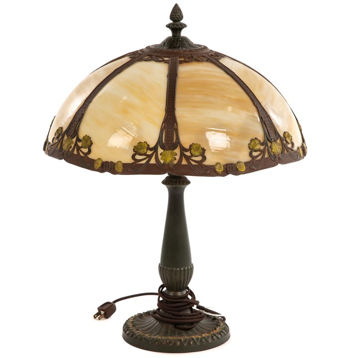 A Rainaud Seven-Panel Slag Glass Table Lamp