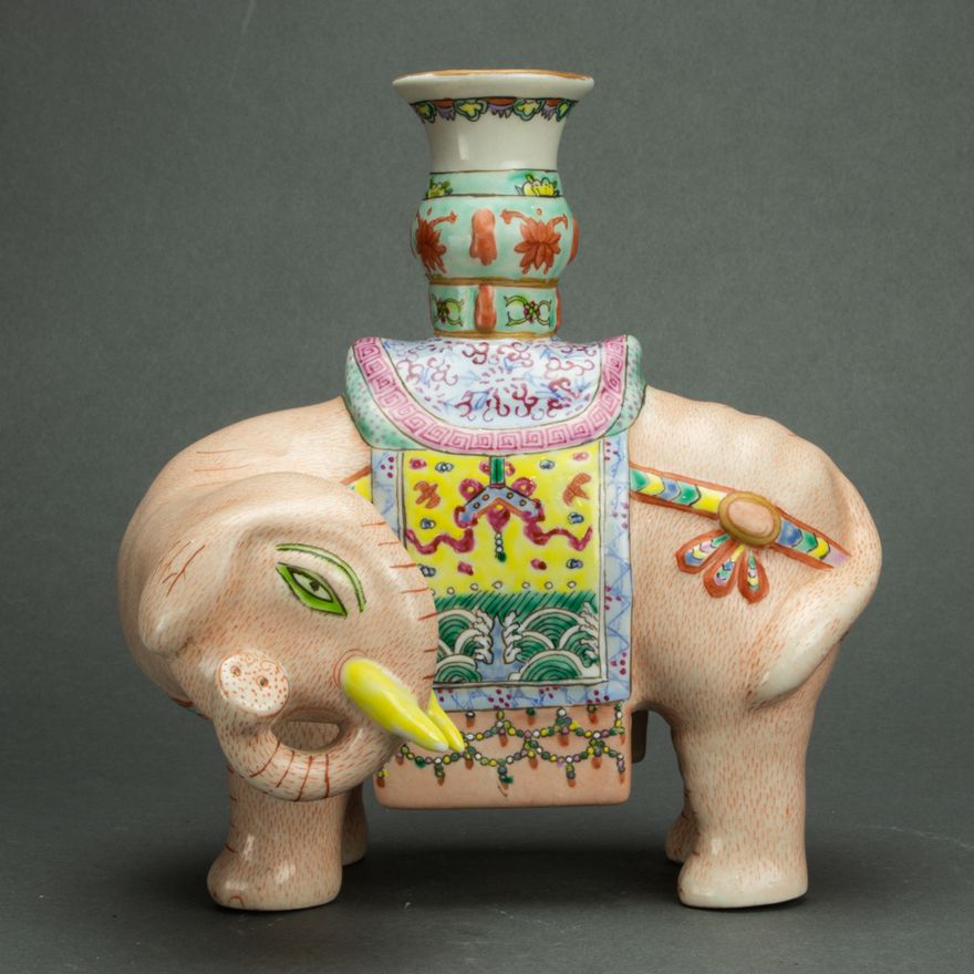 Famille rose elephant candle holder, height 7.5".