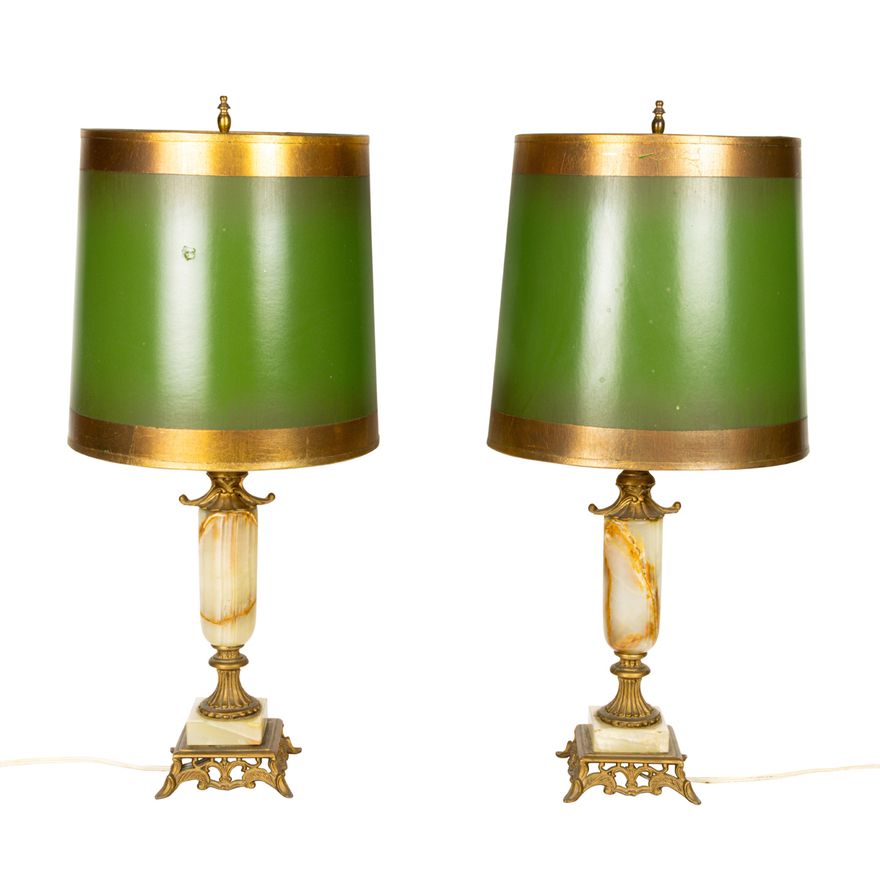 A pair of gilt metal mounted onyx boudoir lamps with papershades