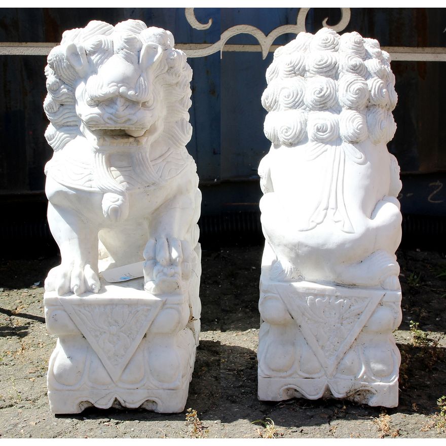 (lot of 2) Chinese style carved marble foo dogs, 26"h