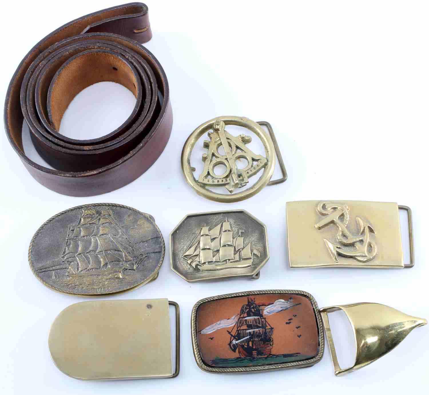 VINTAGE NAUTICAL LEATHER BELT BRASS BUCKLE LOT | Affiliated Auctions