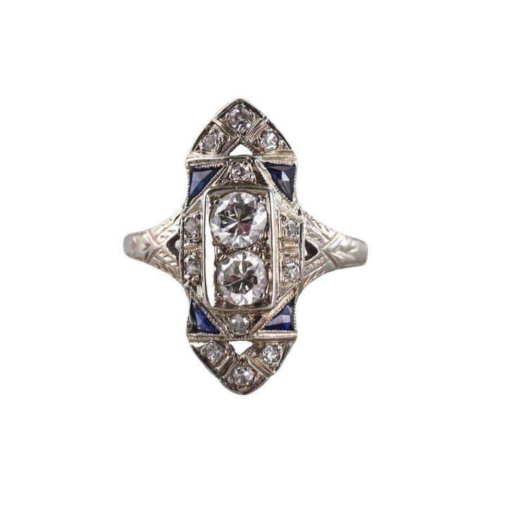 Art Deco 14k Gold Diamond Sapphire Ring