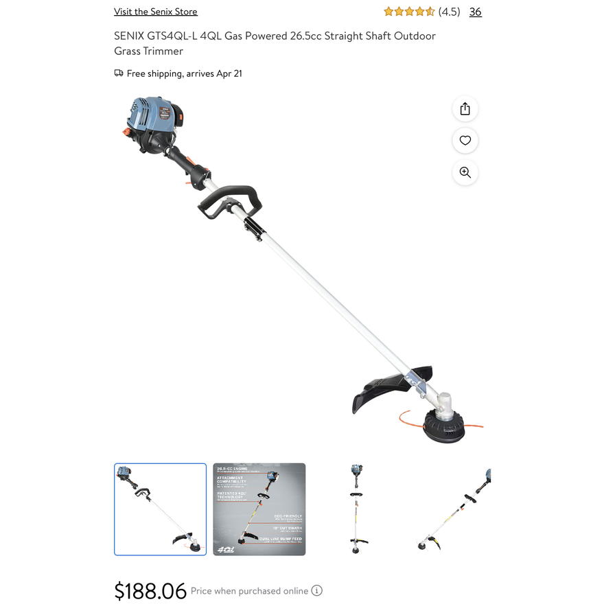 Senix GTS4QL-L 4QL Gas Powered 26.5cc Straight Shaft Ourdoor Gas Trimmer