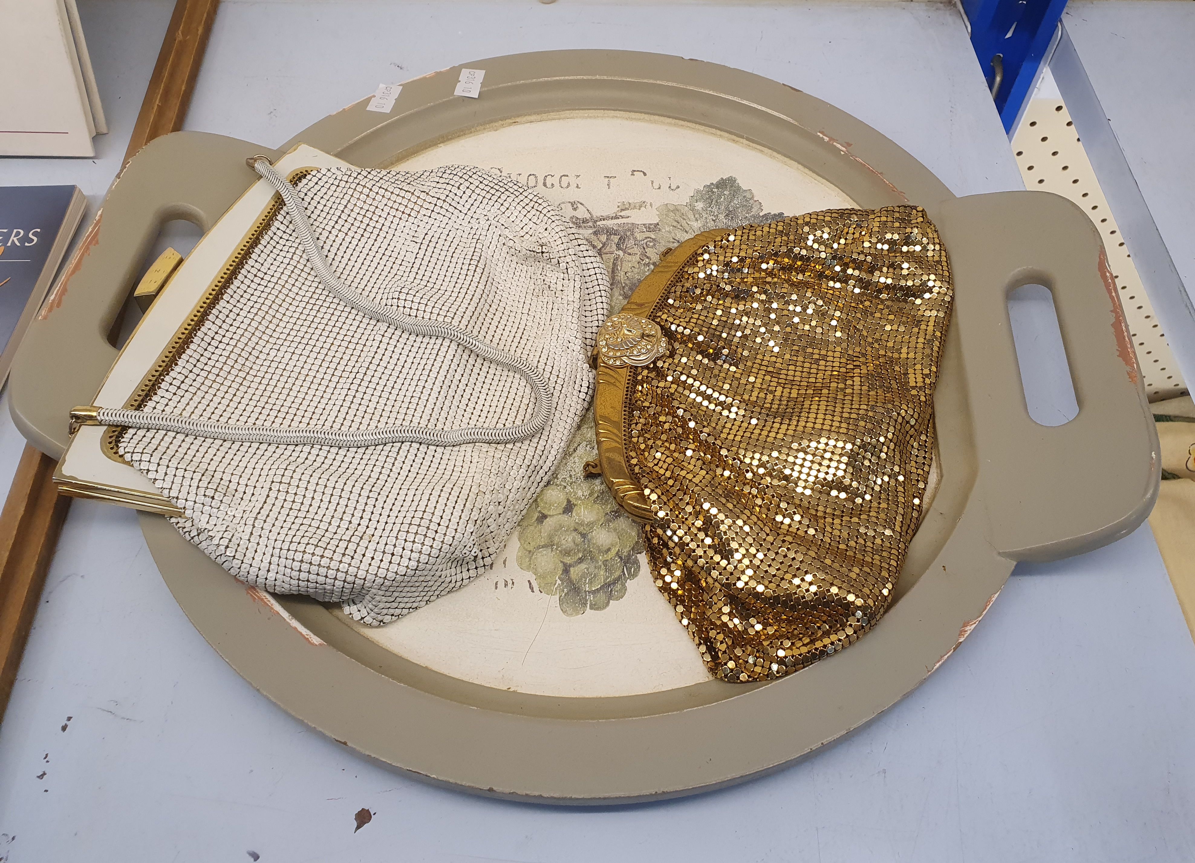 97 · A TIMBER SERVING TRAY AND TWO MESH BAGS