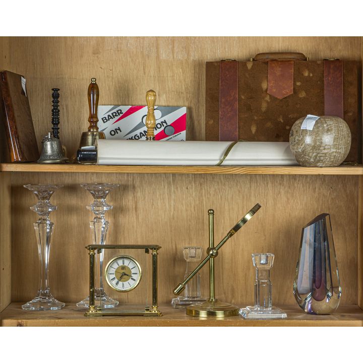 Assembled group of Contemporary decorative items, including pair of Waterford Metropolitan glass candlesticks; Gump desk clock; (4) ...