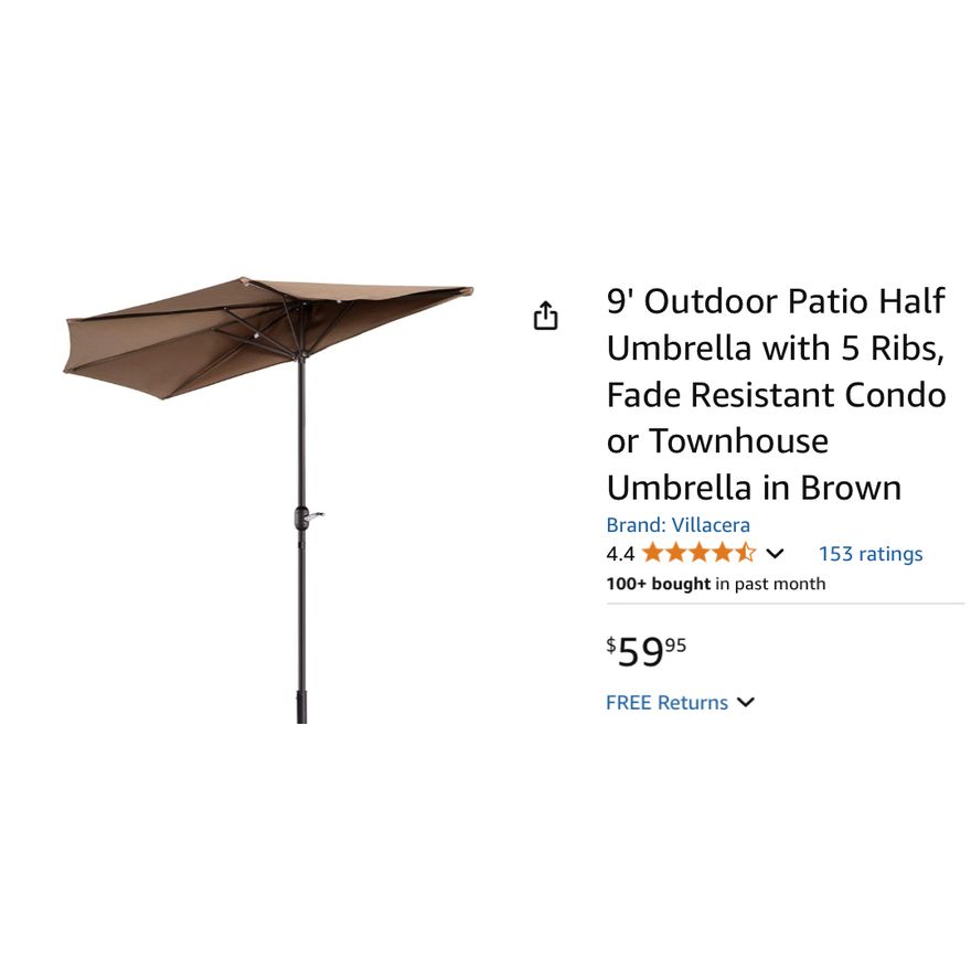 Villacera 9ft Outdoor Patio Half Umbrella w/ 5 Ribs- Brown, 7' 11'' Canopy Dia 9ft In Box