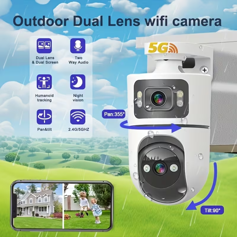2K Dual Lens Automatic Tracking Outdoor Security Camera, 2.4G & 5GHz ...