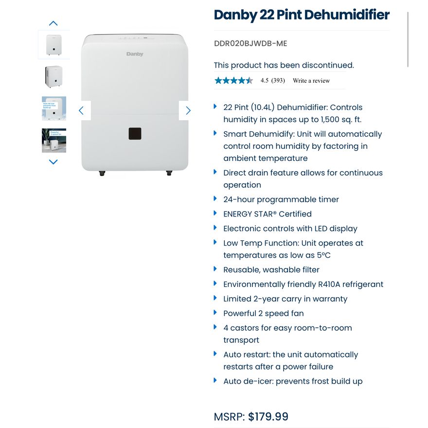 Danby 22 Pint Dehumidifier- 1,500Sq. Ft, 10.4L Per Day, White In Box