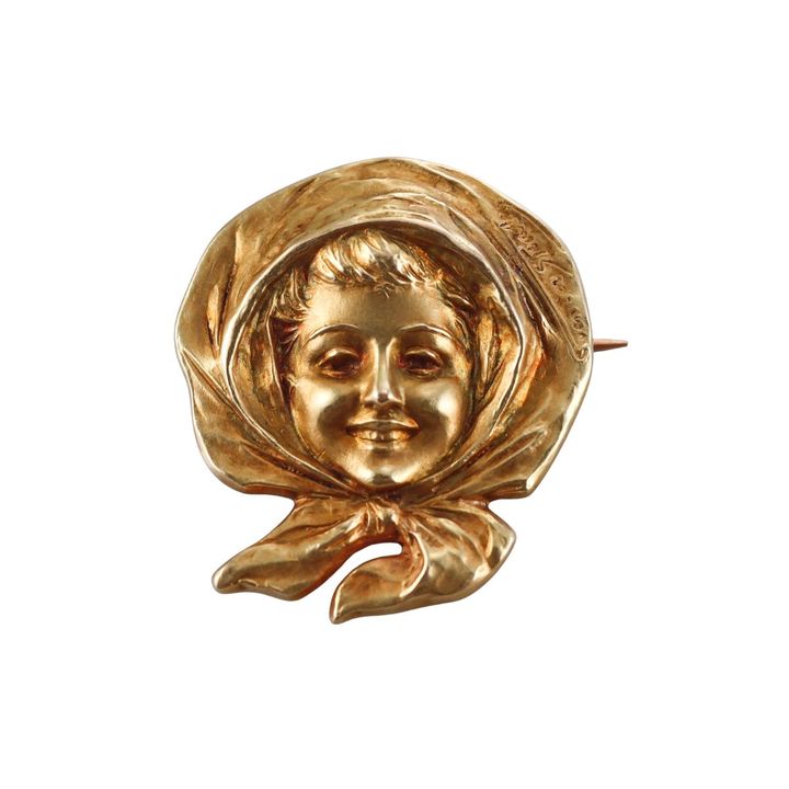 Antique Art Nouveau Van der Straeten Child's Portrait Gold Brooch Pin