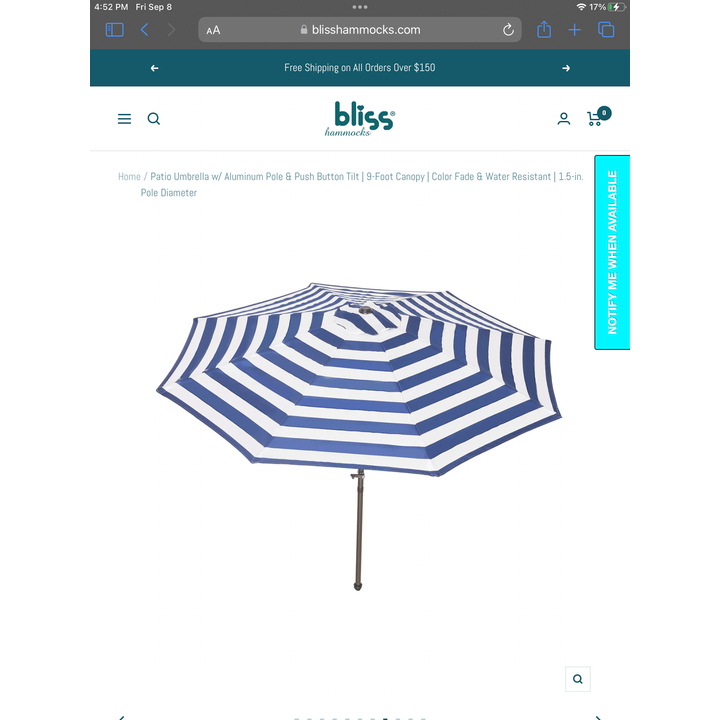 Bliss Hammocks Patio Umbrella With Aluminum Pole And Push Buttong Tilt, 9ft Canopy, 1.5" Pole Diameter