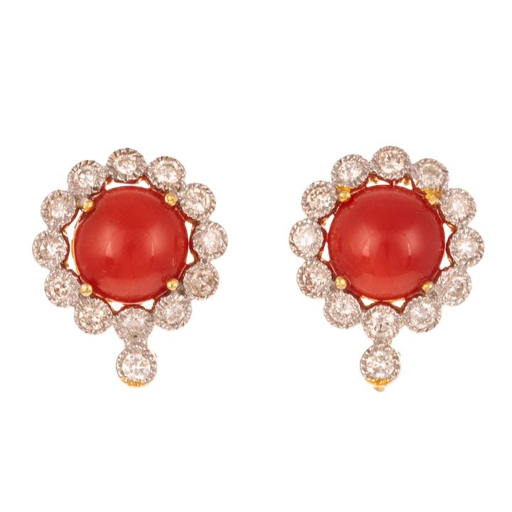 A Pair of Coral & Diamond Earrings in 18K