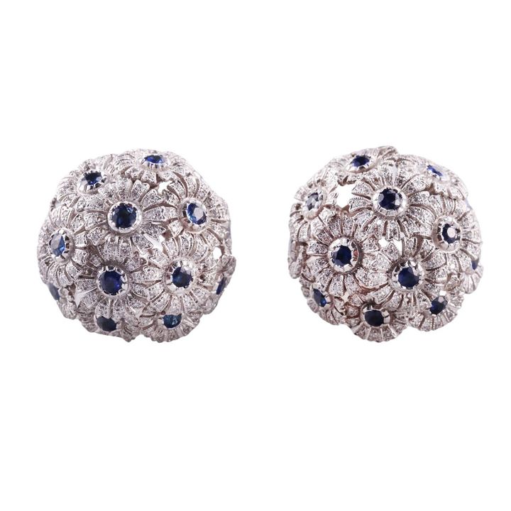 18k Gold Sapphire Diamond Flower En Tremblant Earrings
