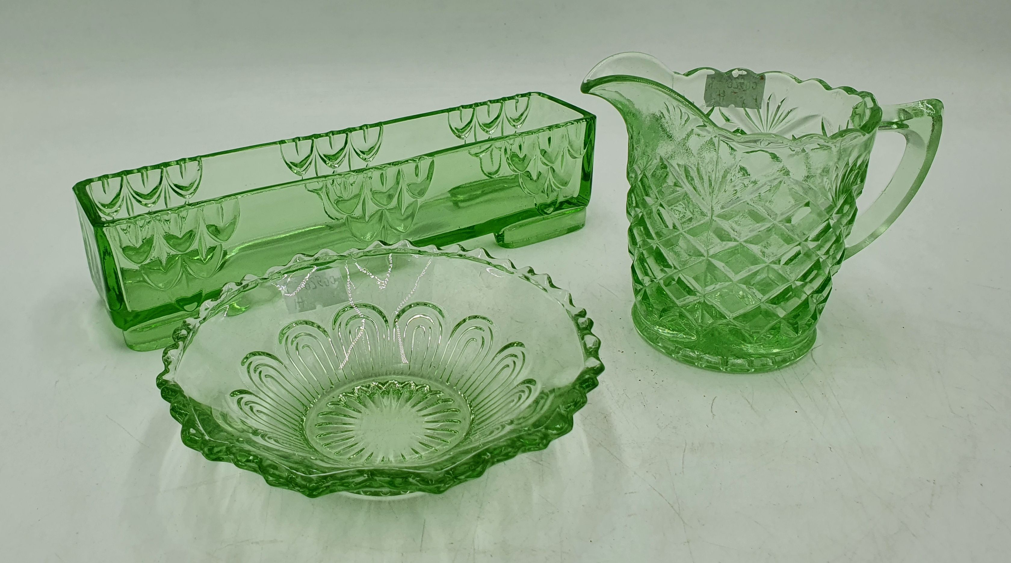 Three Vintage Green Glass Pieces