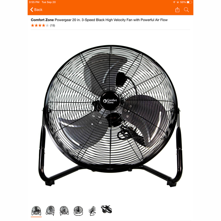 Comfort Zone Powergear 20in 3-Speed Black High Velocity Fan w/Powerful Air Flow