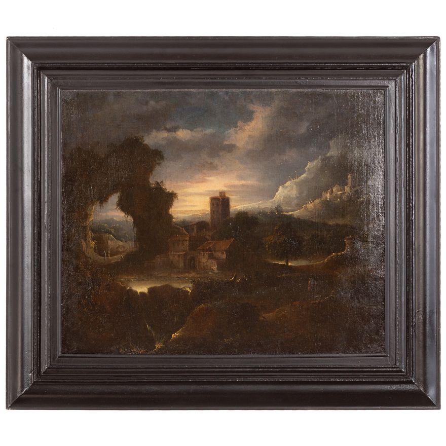 Attributed to Francesco Zuccarelli. Landscape with Buildings and Figures, oil
