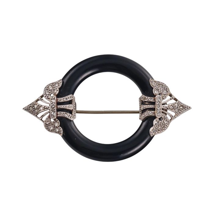 French Art Deco Platinum Diamond Onyx Brooch Pin
