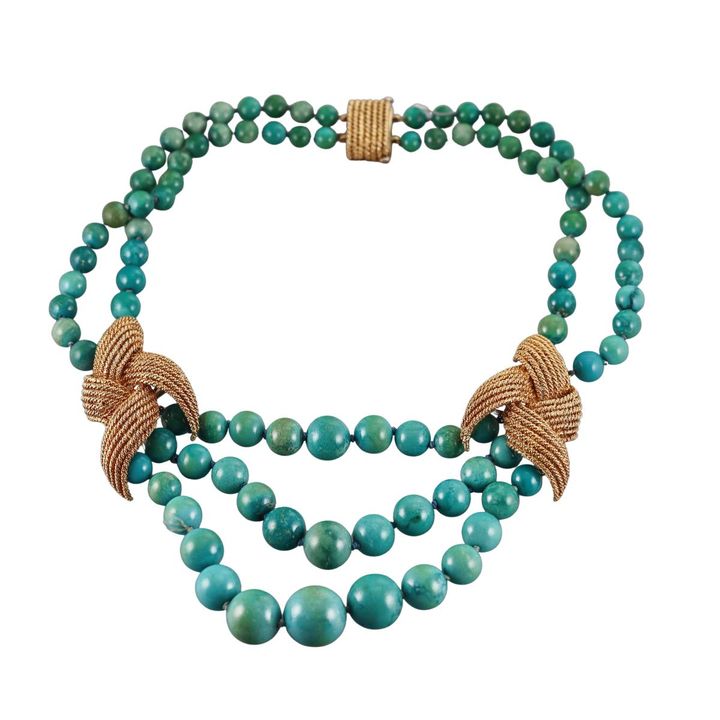 1960s 18k Gold Turquoise Necklace Brooch Set