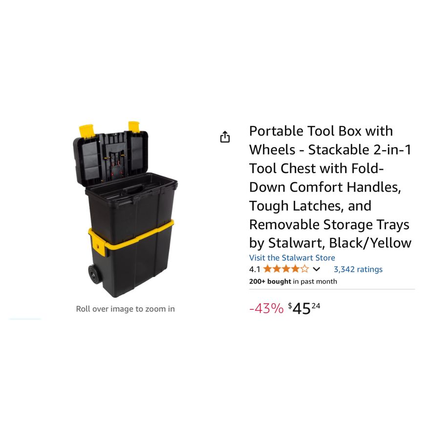 Stalwart Portable Tool Box w/ Wheels- Stackable 2-In-1 Tool Chest- 17.8'' L x 10'' W x 24.13'' H In Box