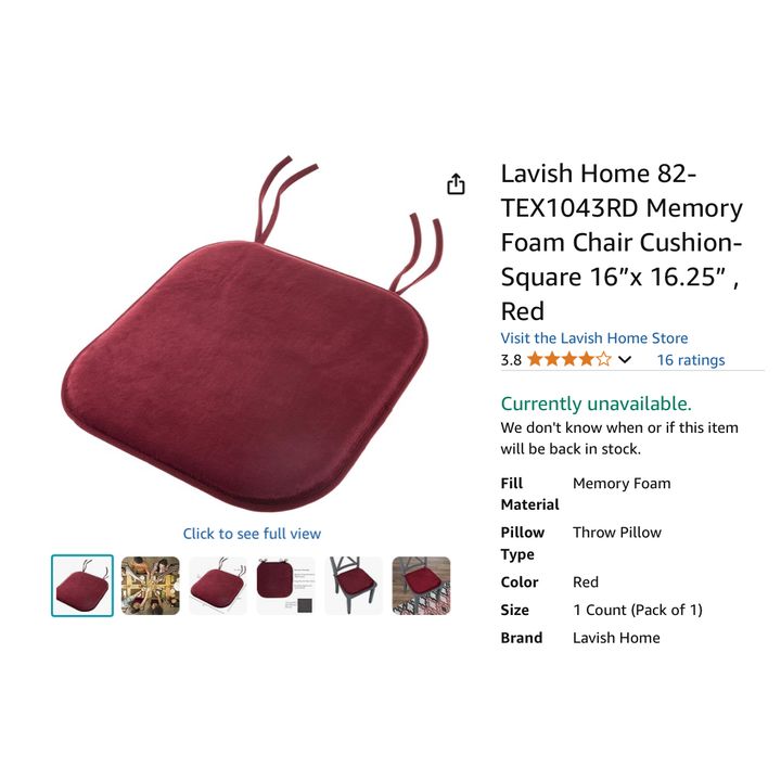 BUYING (2) Lavish Home Memory Foam Chair Cushion- Square, 16'' x 16.25'' Red