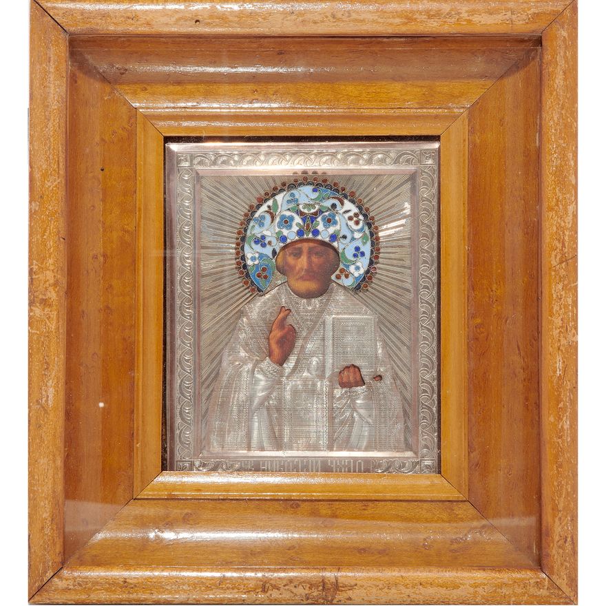 A Russian cloisonne .84 silver oklad icon of St Nikolai