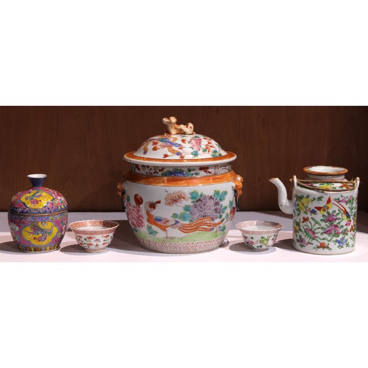 Chinese Enameled Porcelain Jar, Teapot and Cups