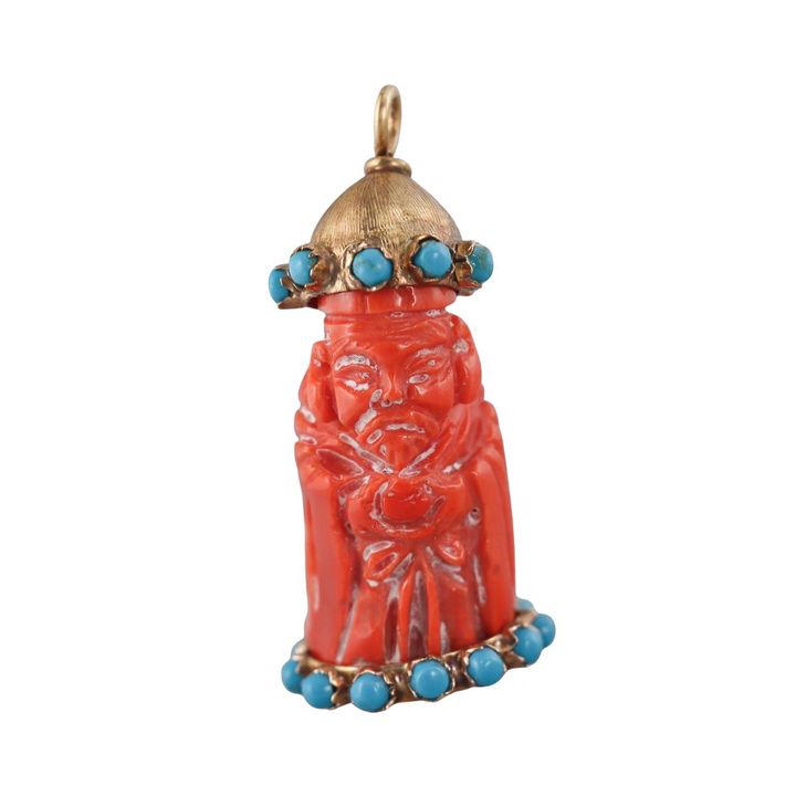 1960s Vintage 18k Gold Carved Coral Turquoise Pendant Charm