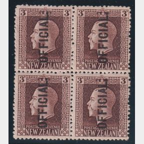 NZ Officials, 1915 3d GV recess chocolate-brown block of 4, invtd wmks, p14 x 14…