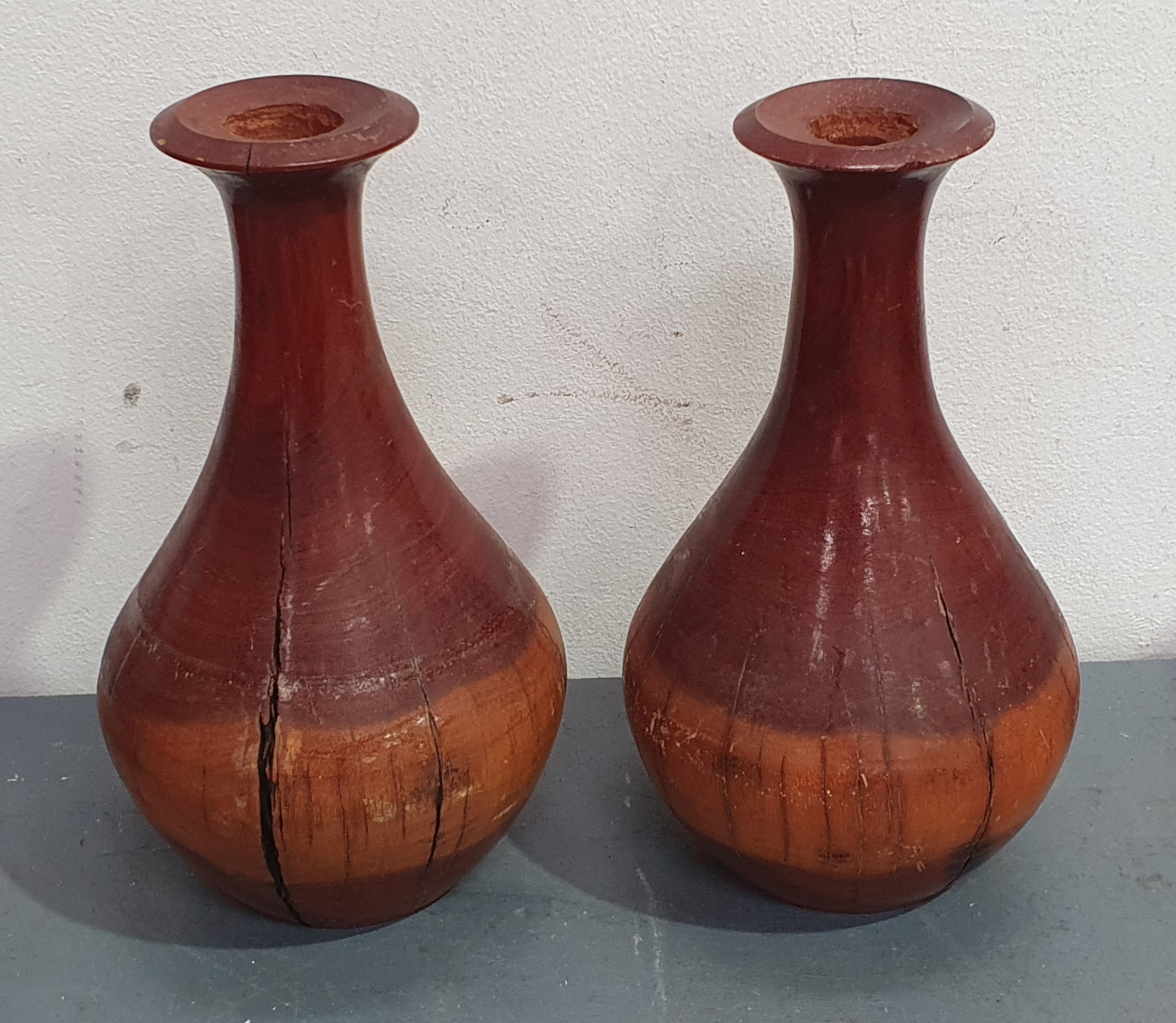 A PAIR OF TIMBER TABLE LAMP BASES ONLY