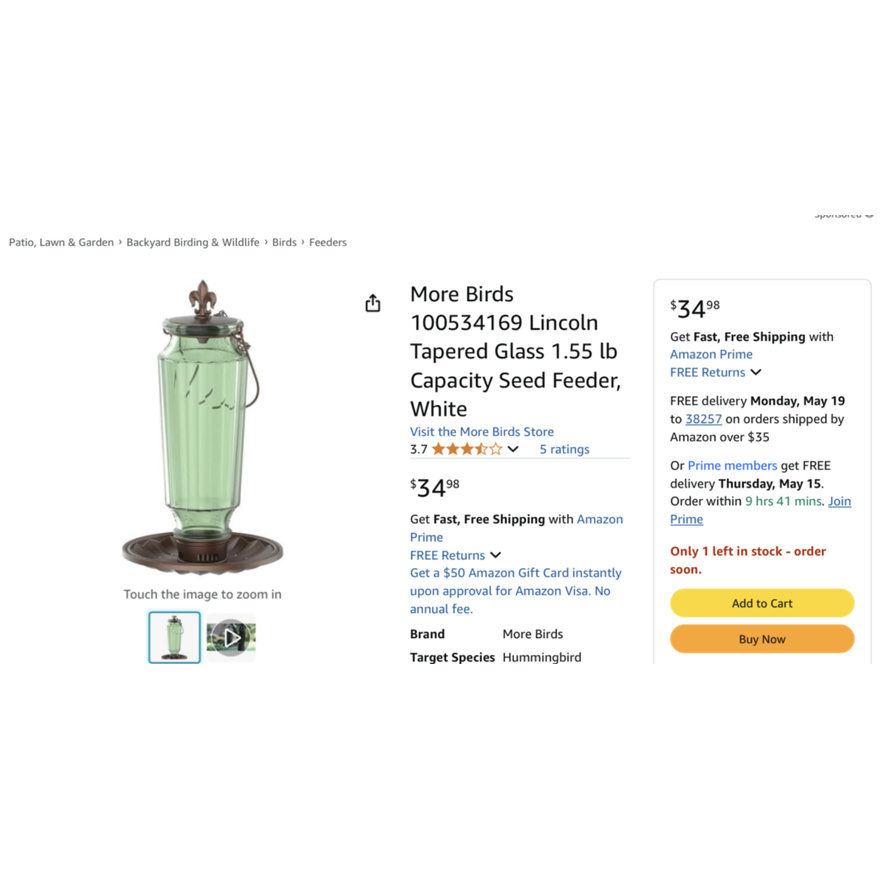More Birds Lincoln Vintage Tapered Glass 1.55 Lb Bird Seed Feeder