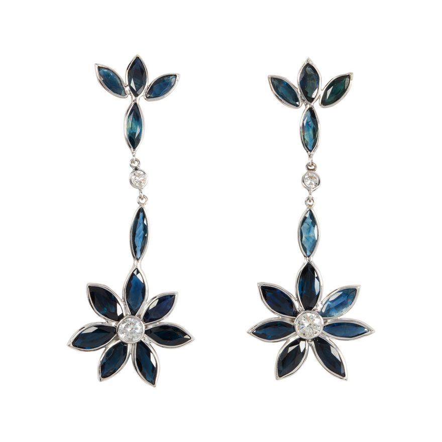 A pair of sapphire, diamond and 14k white gold earrings