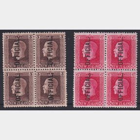NZ Officials, 1915-6 3d GV deep chocolate, 6d GV carmine-pink 2 perf blocks of 4…