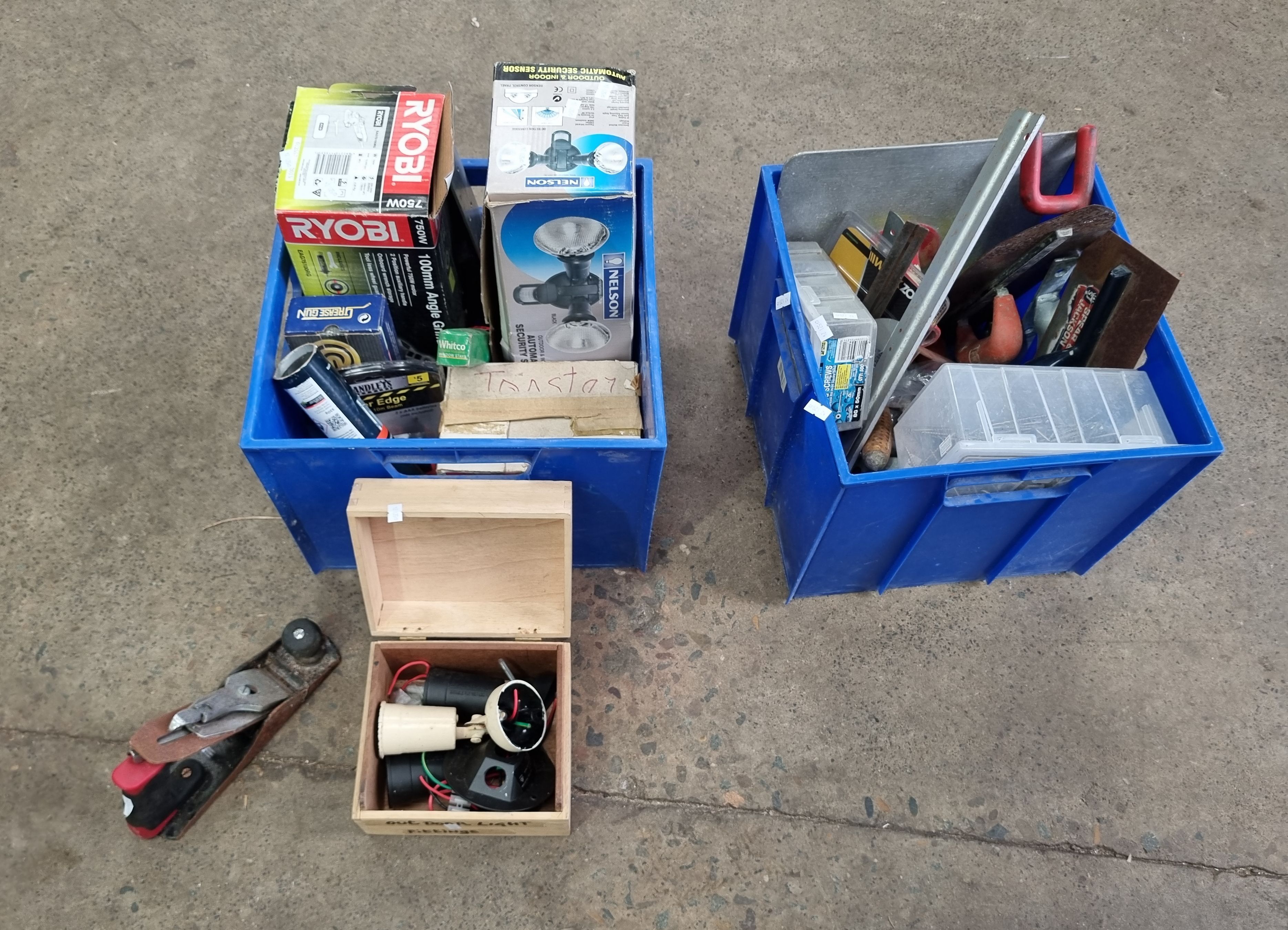 TWO BLUE BOXES OF TOOLS/SHED CONTENTS