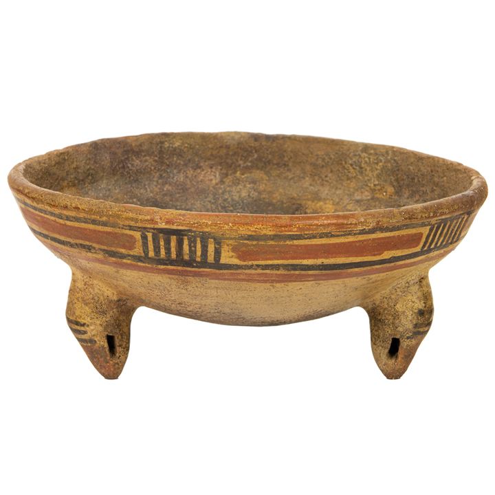 A Pre Columbian Costa Rican polychrome red clay pottery tripod bowl, 200 BC- 200