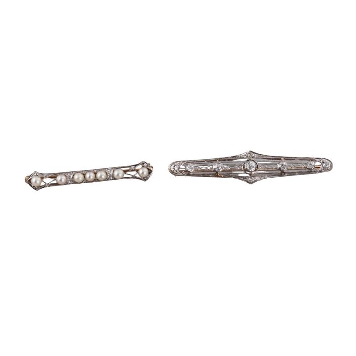 Art Deco Platinum Gold Diamond Pearl Brooch Pin Lot of 2