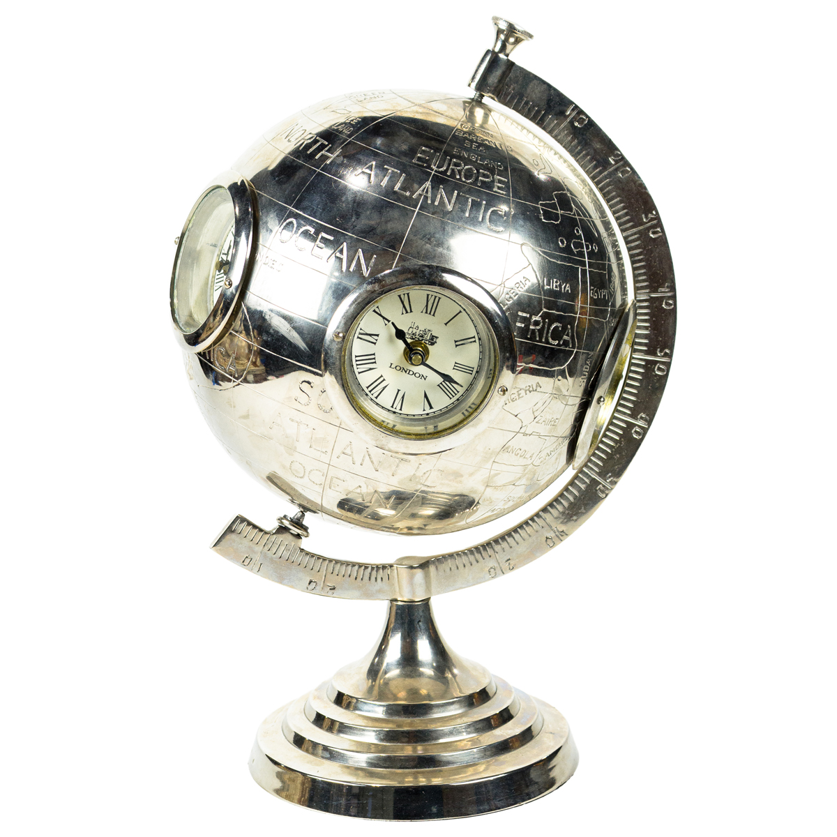 A Maitland Smith nickel plated globe form world clock, Senator ...