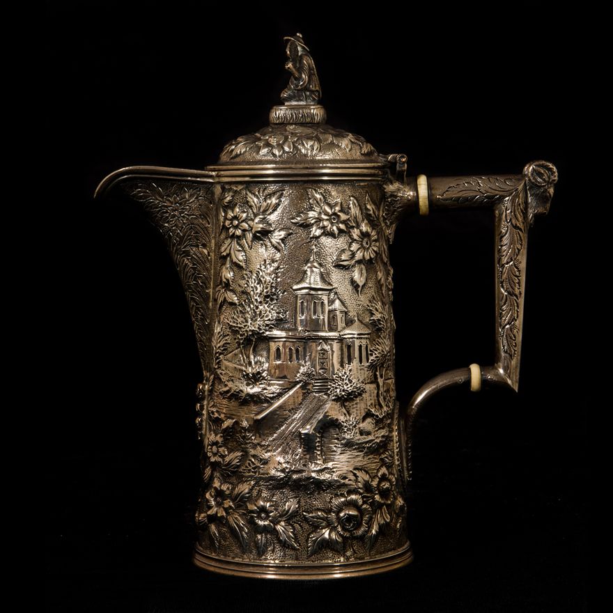 A S Kirk and Son coin silver repousse coffee pot