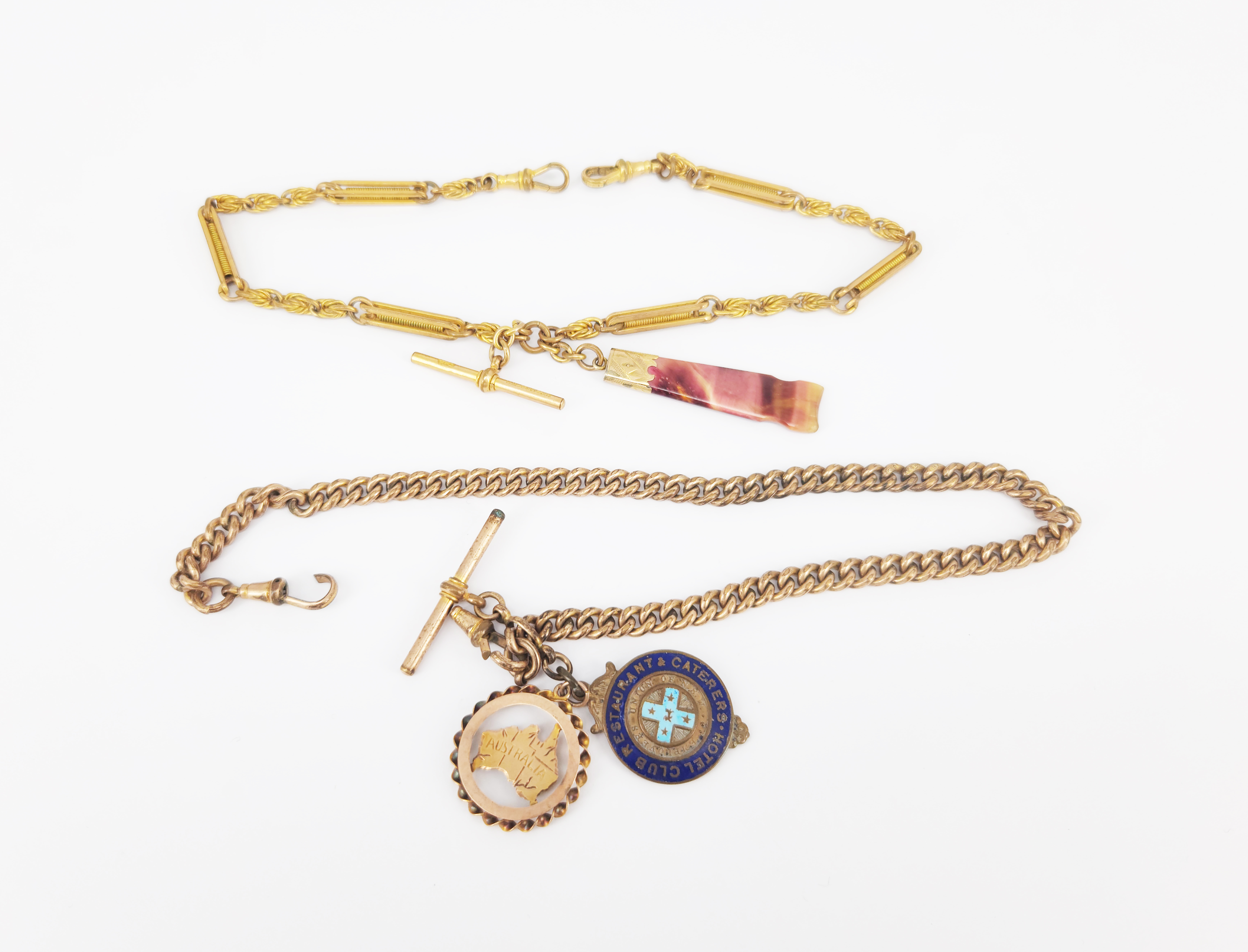 78 · TWO ROLLED GOLD/GOLD-PLATED ALBERT CHAINS