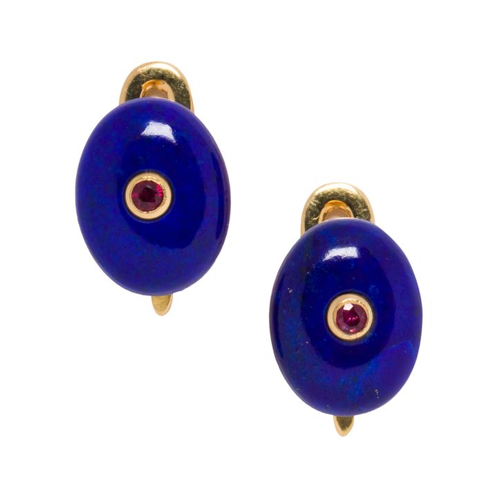 .Gumps, a pair of lapis, ruby and 14k gold buttons
